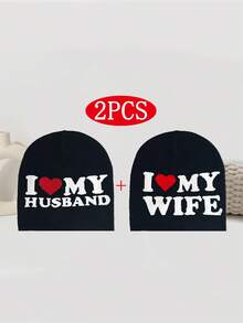 情侣帽两件套，情人节礼物，“我爱我的丈夫/妻子”提花针织帽，适合春秋季、冬季户外骑行，男女通用保暖滑雪帽，Y2K时尚街头风针织帽，美观的新款度假装扮 - 情侶帽 - 查看 8