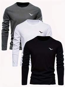 3件套男童休闲印花圆领长袖T恤，秋冬，学生/青少年服装 - Flying Eagle Design，年轻潮流引领者的终极T恤系列 - 深灰色 - 查看 8