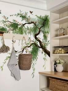 中式柳树鸟墙贴，可移除自粘纸，自然花卉装饰，适用于卧室、玄关和家居装饰墙贴。 - 彩色 - 查看 6