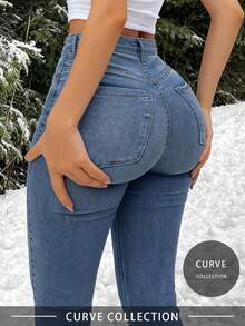 Plus Size Women High Waist Elastic Skinny Jeans, Casual Slim Fit Waist Cinching Spring - Medium Wash - View 2