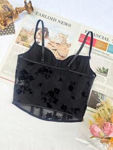 Women's Gray Black Floral Embroidery Mesh Bustier Corset Top - One Piece Spaghetti Strap Slimming Sexy Party Date Top - Black - View 7
