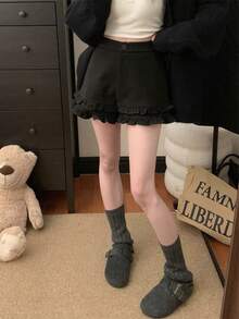 Women's Ruffle Waist + Pocket Design Fleece Shorts, Casual Home Wear/Soft Girl Streetwear, Relaxed Fit Basic Black Comfortable Pants, Autumn/Winter