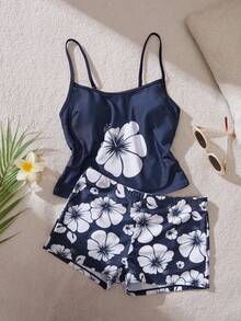 Áo bơi nữ kiểu camisole, họa tiết hoa dâm bụt phong cách bohemian dễ thương, có áo ngực tích hợp, kết hợp với quần short kiểu boyshort, thích hợp cho kỳ nghỉ, bãi biển, hồ bơi và thể thao, mùa thu/đông, ngày lễ tình nhân, mùa xuân/hè 2026. Hàng mới về - Màu xanh hải quân - Xem 9