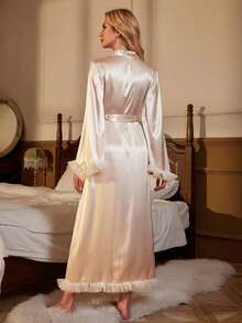 1件女士优雅长款蕾丝边睡袍，多功能睡衣家居服，适合所有季节，新娘睡袍 - 杏色 - 查看 2