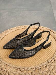 女士时尚网面凉鞋，透气百搭中跟尖头亮片粗跟无后跟绑带优雅包头凉鞋，不累脚 - 黑色 - 查看 2