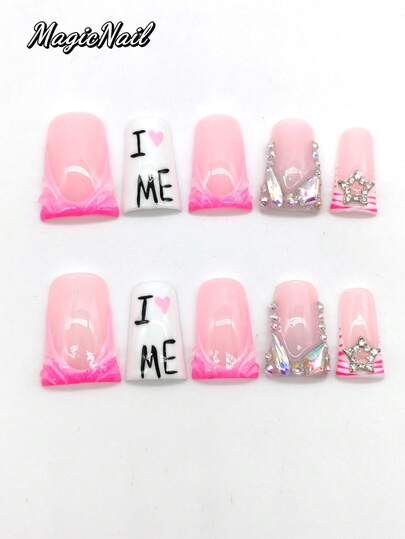10 stycken ren handpressad nagel, 25 mm lång näbbformad nagelplatta, rosa transparent nagelplatta, vit nagelplatta, rosa tonad färg, kärlek, bokstäver, femuddig stjärna-accessoarer, blixtdiamanter täcker vissa nagelplattans fingertoppar, söt nagelplatta, lämplig för daglig fritid, semestrar, banketter, fester, shower och andra aktiviteter. Naglar