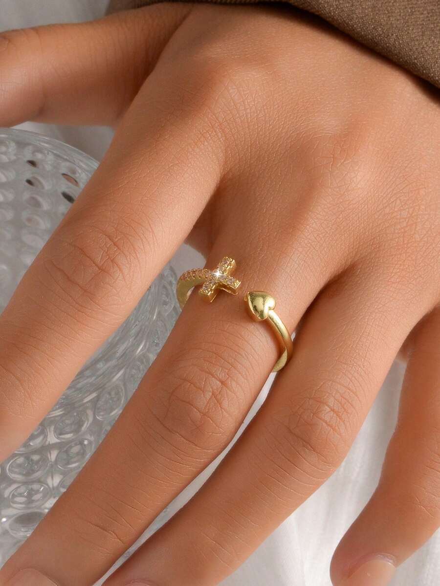 1 Anel Aberto em Forma de Coração Micro Incrustado com Temperamento Feminino, Anel de Dedo Indicador Versátil em Forma de Coração de Luxo Leve