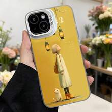Cubierta de teléfono con borde negro y diseño amarillo con chica de cabello rubio con abrigo largo y gato blanco junto a faroles colgantes y texto en inglés para uso diario y estilo femenino,Aplicable a los teléfonos de la serie Apple y Galaxy - Blanco - Ver 2