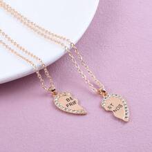 2pcs Heart Shaped Zirconia Friendship Pendant Necklaces, Gift For Best Friends - Yellow Gold - View 2