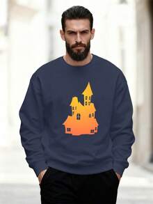 Sudadera Casual de Cuello Redondo con Patrón de Castillo de Dibujos Animados en Color Degradado para Hombres - Azul Marino - Ver 6