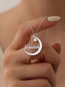 Personalized Crescent Moon And Star Necklace - Customizable Gold Pendant With Name/Initials/Date Engraving; An Elegant Birthday, Anniversary, Or Valentine's Day Gift For Women - Arabic, Ramadan-Style Lettering And Delicate Chain Jewelry. - Multicolor - View 2