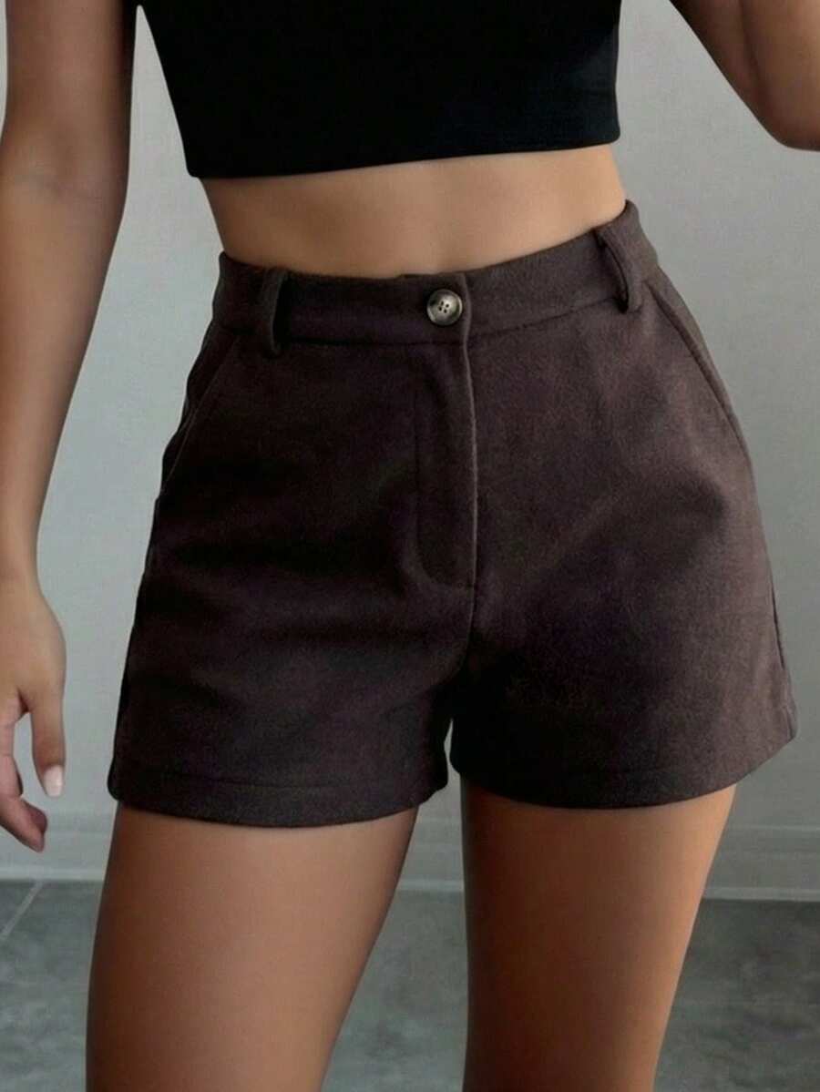Women's Elegant Brown Fabric Bermuda Shorts With Pockets And Zipper, Casual & Fashionable, Straight Leg Non-Stretch - Coffee Brown - View 1
