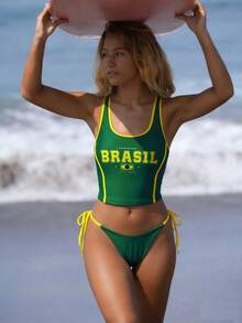 Swim SPRTY Women's Casual Vacation Brazil Letter Print Bikini Set, Spring/Summer