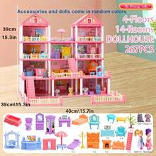 4-9 Years Old Girls' Dollhouse Playset, 1-4 Layers Rooms Playhouse With Doll Toys, Luxury Villa Toy, Princess Castle DIY Building Kit, Full Set Furniture Accessories, Fashion Dollhouse, Birthday Gift (Some Furniture Accessories And Doll Colors Are Random) - Multicolor - View 8