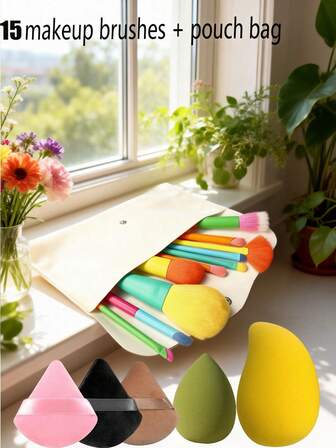 15-Piece Makeup Brush Set, Including 10 Ultra-Soft Dopamine Rainbow Makeup Brushes, 1 Mango Beauty Sponge, 1 Waterdrop-Shaped Beauty Sponge, 3 Triangular Makeup Puffs, And 1 Storage Leather Bag.