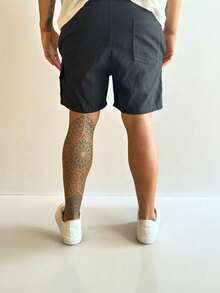 Linen Cargo Bermuda Shorts With Drawstring - Dark Wash - View 5