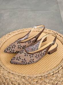 女士时尚网纱刺绣凉鞋，新款闭趾粗跟低跟拖鞋，透气舒适 - 棕色 - 查看 2