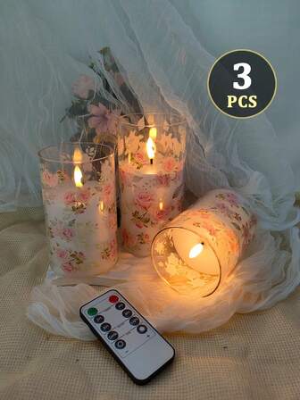 3pcs Flameless Candle Lights With Remote/Timer Control, Battery Powered Candles, Rose Print Cup Candles, For Tabletop Center Decor, Suitable For Christmas, Halloween, Valentine's Day, Birthday, Proposal, Wedding, Dining Table, Party, Holiday Atmosphere Decoration