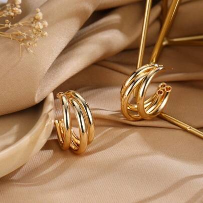 European And American Cross-Border Metal Triple Tube C-Shaped Hoop Earrings, Fashionable Earrings Jewelry, Exaggerated Earrings With Elegant Vibe For Women