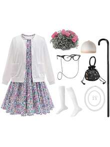 儿童奶奶服装，开学100天套装，女孩奶奶假发，万圣节/嘉年华奶奶服装，百岁奶奶服装 - 开衫+连衣裙+9件配饰 - 紫色 - 查看 4