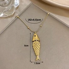 1Pc Shiny Gold Snake Chain Necklace With Textured Fish Pendant - 3D Scaled Fish Design, Lucky Nautical Jewelry For Daily Casual Stylish Looks,Valentine's Day Gift, Unisex - Multicolor - View 7