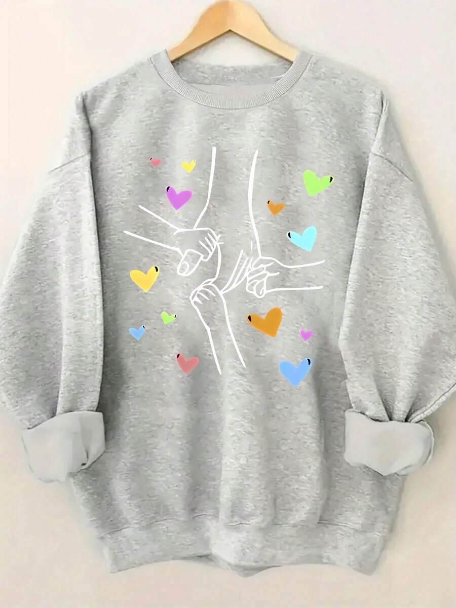 Women's Casual Hoodie, Outdoor Fashion, Holiday Gifts, Crew Neck Sweatshirt With Layered Hand Print And Colorful Heart, Fashionable Plush Long Sleeve Sweatshirt In Multiple Colors And Styles, Urban Fashion, Loungewear,  Sweatshirt, Plush Lined Top, Oversized Sweater, Curvy Women, Fashion Lovers - 淺灰色 - 查看 1