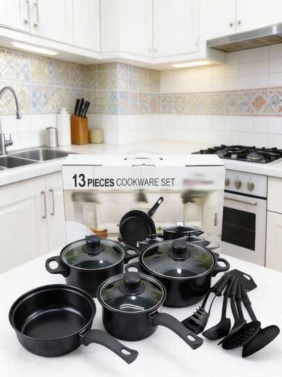 Juego de ollas de 13 piezas, olla antiadherente para sopa, leche y sartenes, juego de ollas y sartenes de hierro, sartén y olla para cocinar, utensilios de cocina antiadherentes con utensilios de cocina
