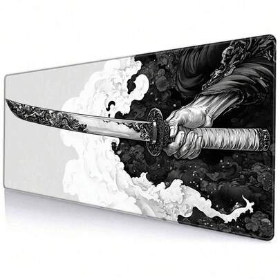 وسادة الفأرة الكبيرة جدًا بتصميم السيف الساموراي - سطح غير قابل للانزلاق وقوي، حواف مخيطة بدقة، سطح من البوليستر قابل للغسيل، مناسب للمنزل والمكتب وغرفة الألعاب والدراسة - بنمط أنمي أسود وأبيض، وسادة الفأرة