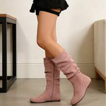 2025 Autumn And Winter Women's Boots Flat Bottom Round Toe Mid-Calf Boots New Style Non- Slim Side Zipper Pleated Stacked Western Boots - 粉色 - 查看 3