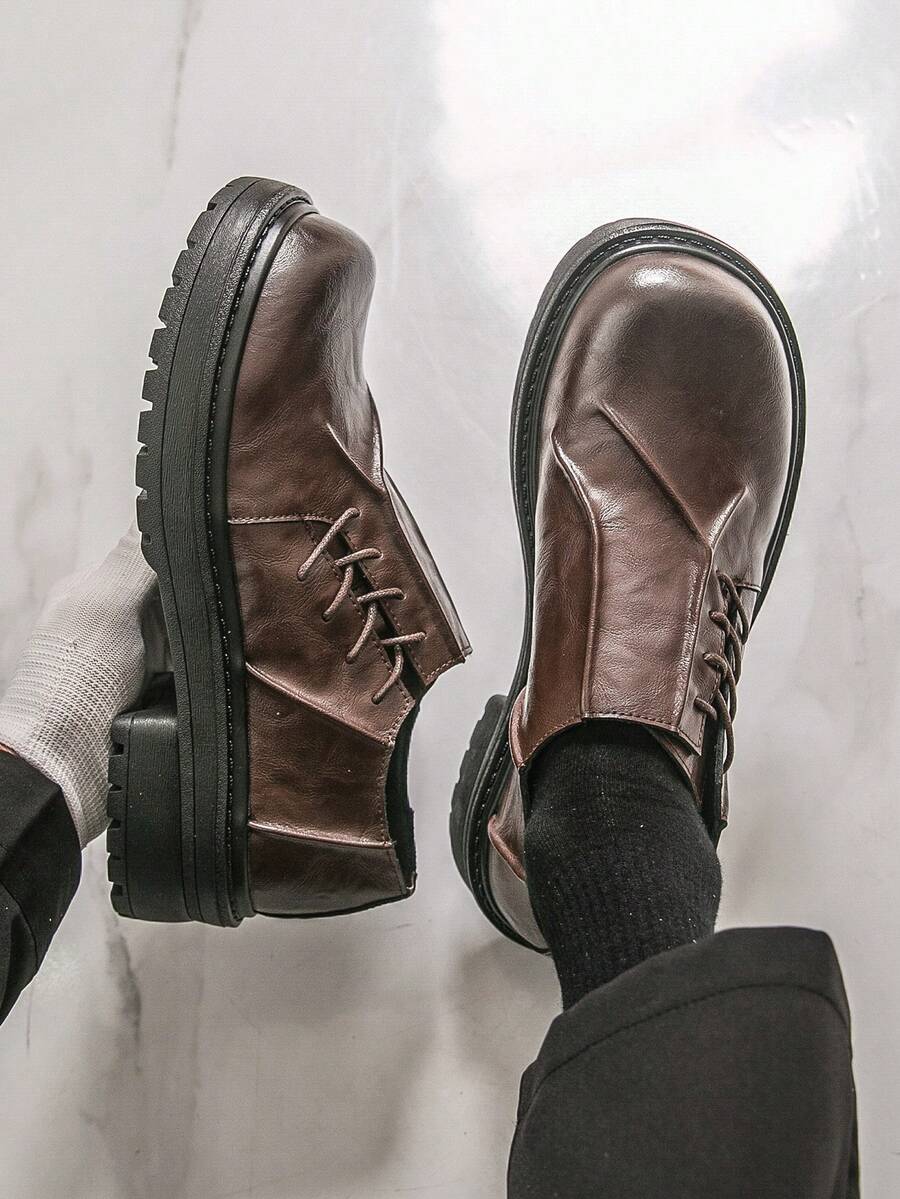 男士圆头厚底德比鞋，系带乐福鞋，褶裥鞋面设计，正式场合正装鞋 - 棕色 - 查看 1