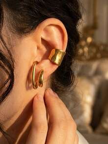 2pcs Women's Clip-On Earrings Set - Wide Circle Double Loop Clip Earrings - Simple Thick Stacked Ear Cuff Jewelry Gift - Multicolor - View 3