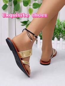 New Women Flat Thong Sandals, Faux Snake Skin Texture Luxurious Solid White/Black/Gold, Breathable Soft Sole, Minimalist Style For Daily, Travel, Beach, Date Wear - Gold - View 2