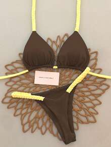 2件套女士棕黄相间编织比基尼，甜美清新撞色性感泳衣，适合海滩度假，2026夏季款 - 彩色 - 查看 1