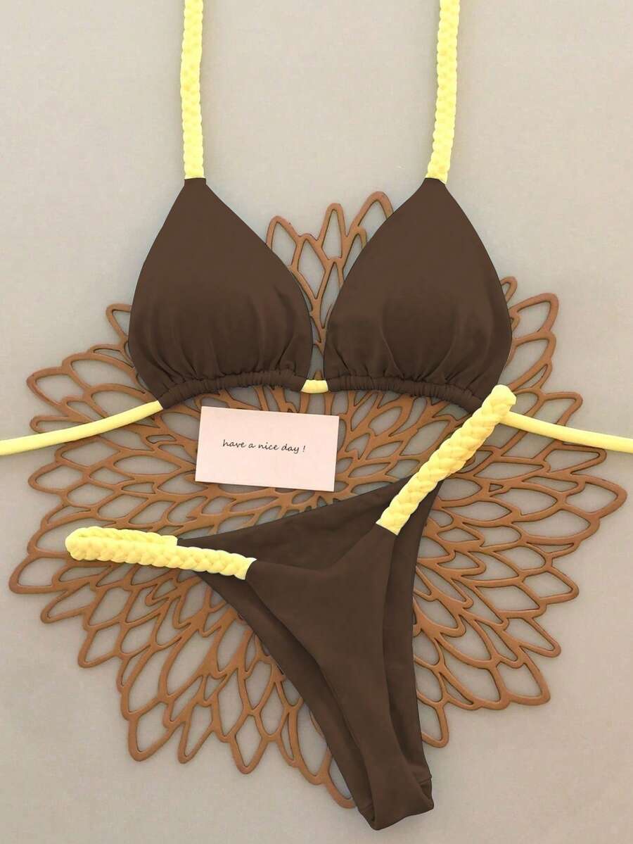 2件套女士棕黄相间编织比基尼，甜美清新撞色性感泳衣，适合海滩度假，2026夏季款 - 彩色 - 查看 1