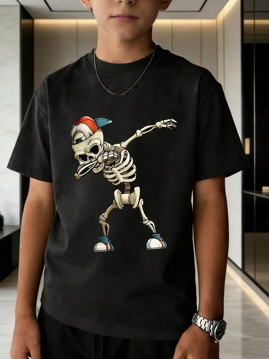 Tween Boy 骷髅印花短袖 T 恤，优质年轻学生休闲上衣