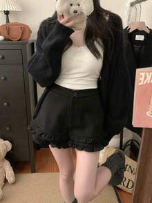 Women's Ruffle Waist + Pocket Design Fleece Shorts, Casual Home Wear/Soft Girl Streetwear, Relaxed Fit Basic Black Comfortable Pants, Autumn/Winter