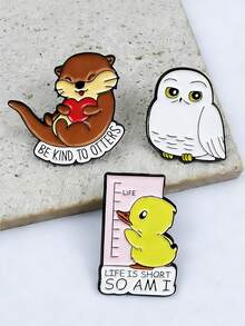 水獭手捧爱心、猫头鹰和黄鸭胸针套装，个性化时尚珐琅徽章，服装和包包时尚配饰 - 彩色 - 查看 3