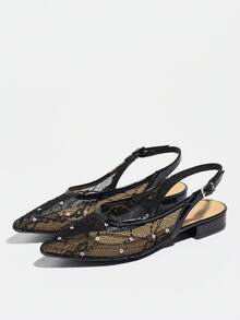 2026 New Pointed Toe Mule Sandals For Women, Shiny Sequin French Style Chunky Heel Breathable Slip-On Sandals - Black - View 12