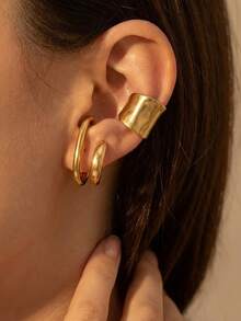 2pcs Women's Clip-On Earrings Set - Wide Circle Double Loop Clip Earrings - Simple Thick Stacked Ear Cuff Jewelry Gift - Multicolor - View 2