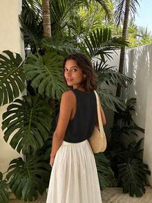 Sylvia Women's Summer Basic Minimalist Sleeveless Crew Neck Cropped Knit Tank Top, Soft Fabric, Relaxed Casual Vibe, Suitable For Beach, Afternoon Tea, Date, Music Festival - Black - View 6