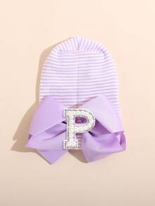 1顶新生儿毛线帽，带珍珠字母和大蝴蝶结，柔软弹力条纹针织帽，适合日常佩戴、拍照和作为婴儿礼物 - 淺紫色 - 查看 26