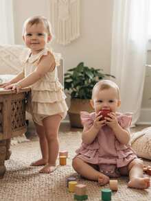 Pelele para niña pequeña con volantes, sin mangas, cuello de muñeca, mono de lunares suizos, mono de princesa, atuendo para primer cumpleaños y vacaciones, ropa de verano - Rosa - Ver 5