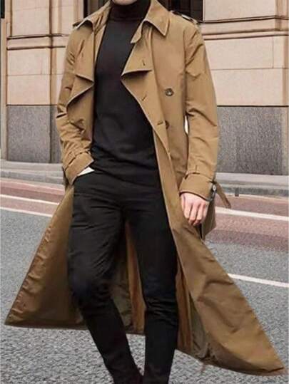Men's Autumn Winter Long Coat Long Sleeve Lapel Solid Color Belted Windbreaker Jacket