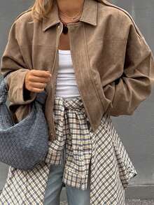 Women's Fashionable Versatile Suede-Feel Collar Casual Bomber Jacket, Autumn/Winter