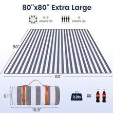 Timotech Manta de Picnic Extragrande de 2x2 Metros Manta de Playa Impermeable y Plegable de 3 Capas para 6 a 8 Adultos Ideal para Campamento Parque Playa Césped Interiores - Azul y blanco - Ver 3