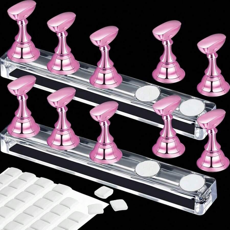 2 Set Nail Stand Painting Press Nail Holder Acrylic Magnetic Tips Training Fingernail Display Stands Holders And 96 Pieces White Reusable Adhesive Putty(Black And White) - Kim loại hồng - Xem 1
