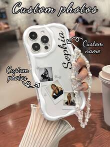 Customizable Name & Photo Printed Cream Texture Wavy Edge Glossy Painted Anti-Drop Phone Case With Beaded Bracelet Accessory, Compatible With IPhone//Redmi