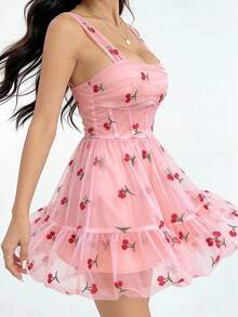 Women's Pink Cherry Mesh Mini Dress For Valentine's Day, Romantic Date Night Dress - Pink - View 5