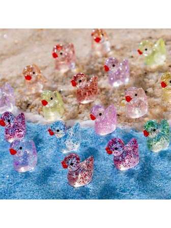 50 patos miniatura con luces intermitentes, accesorios hechos a mano, piezas de resina, adornos de escritorio de paisaje en miniatura, paisajismo en miniatura con musgo, hechos de resina de colores, con modelos de animales de plástico ocultos, adecuados para casitas de muñecas, paisajes en miniatura y decoración de acuarios (colores aleatorios).