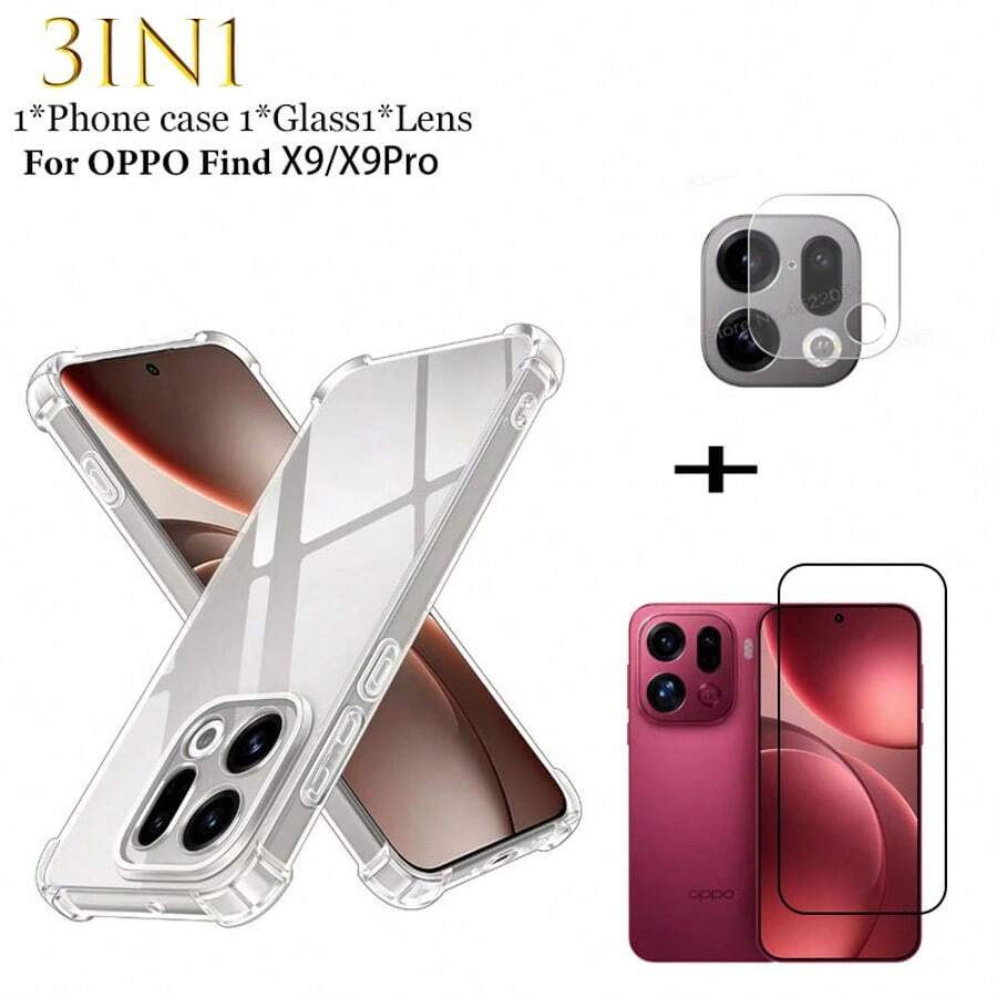 New 3-In-1 Transparent Anti-Drop Phone Case + Full Screen Tempered Glass Film + Lens Film For Find X9/X9Pro - Clear - View 1